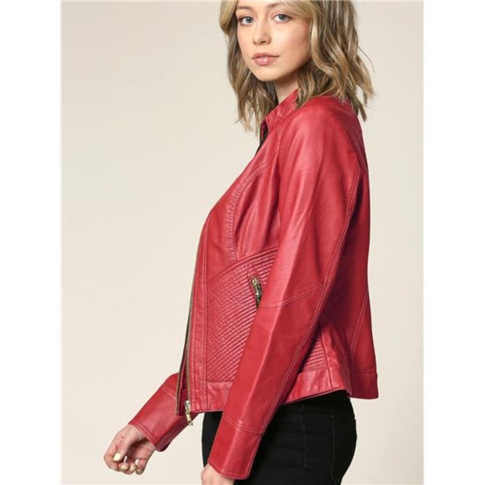 Slim Fit Stylish Vegan Leather Moto Jacket Red - Picture 6 of 7